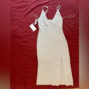 Knit Midi Dress, small, tan/cream, spaghetti strap